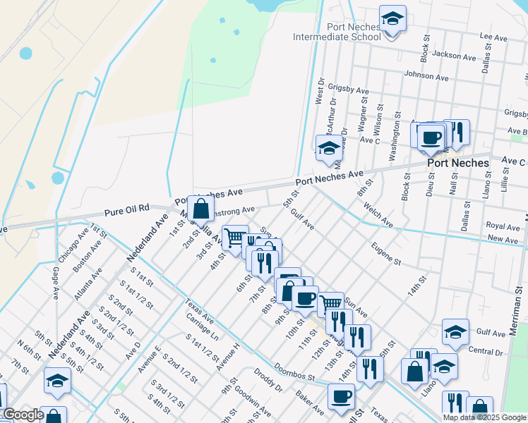 map of restaurants, bars, coffee shops, grocery stores, and more near 2100 Port Neches Avenue in Port Neches