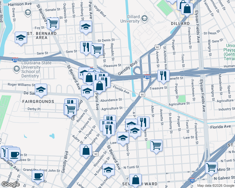 map of restaurants, bars, coffee shops, grocery stores, and more near 1688 Florida Avenue in New Orleans