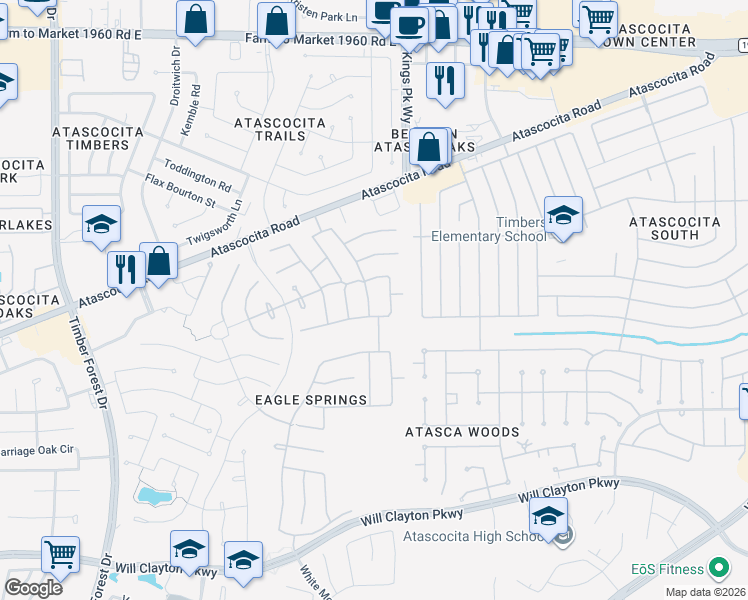 map of restaurants, bars, coffee shops, grocery stores, and more near 18414 Half Moon Trail in Humble