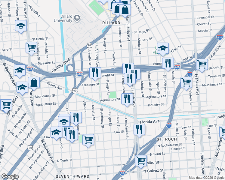 map of restaurants, bars, coffee shops, grocery stores, and more near 2058 Treasure Street in New Orleans
