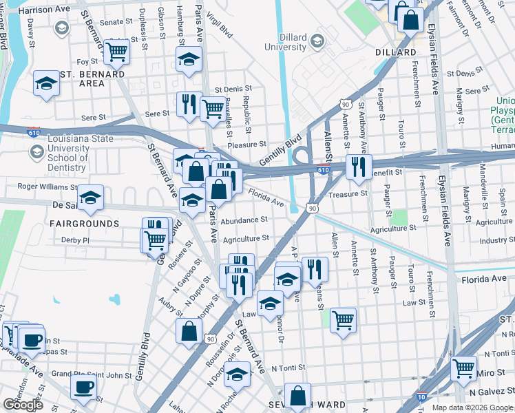 map of restaurants, bars, coffee shops, grocery stores, and more near 1688 Florida Avenue in New Orleans