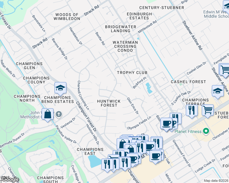 map of restaurants, bars, coffee shops, grocery stores, and more near 13606 Wendelyn Lane in Houston