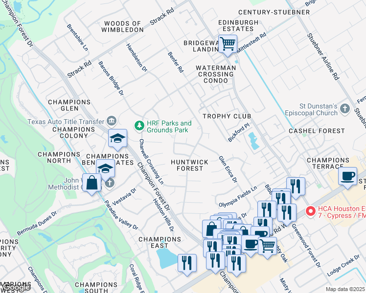 map of restaurants, bars, coffee shops, grocery stores, and more near 13610 Foxmoor Lane in Houston