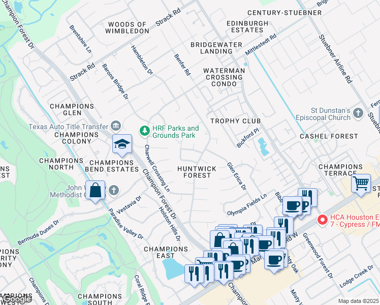 map of restaurants, bars, coffee shops, grocery stores, and more near 13610 Foxmoor Lane in Houston