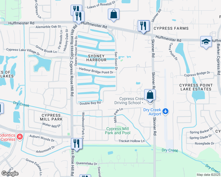 map of restaurants, bars, coffee shops, grocery stores, and more near 17827 Avalon Point Court in Cypress