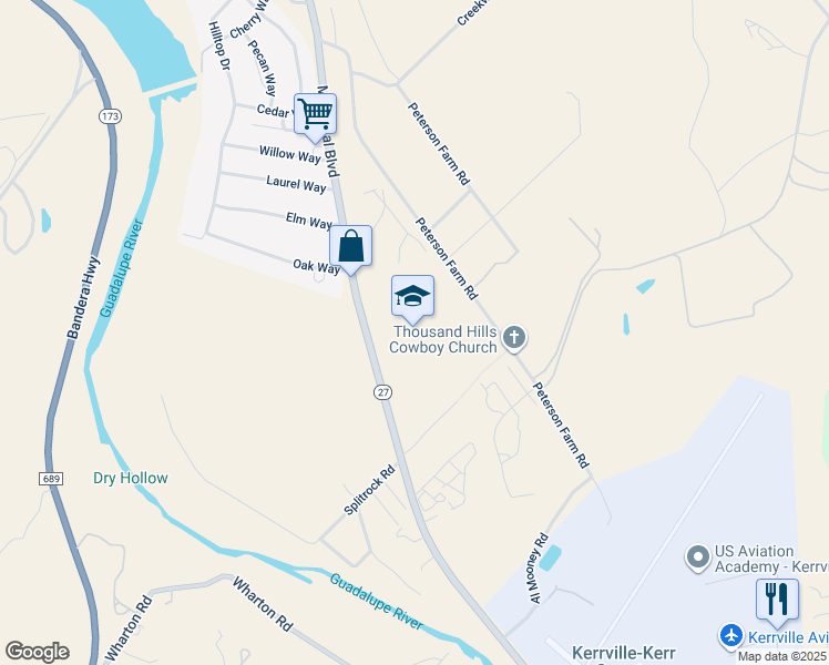 map of restaurants, bars, coffee shops, grocery stores, and more near 235 Peterson Farm Road in Kerrville