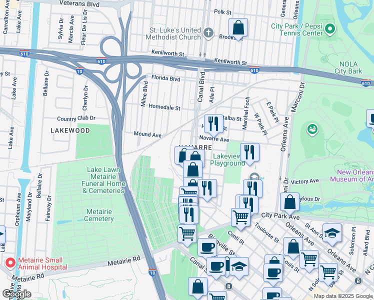 map of restaurants, bars, coffee shops, grocery stores, and more near 5490 Hawthorne Place in New Orleans