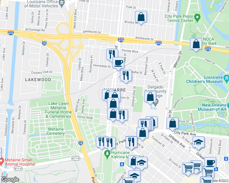 map of restaurants, bars, coffee shops, grocery stores, and more near 5489 Canal Boulevard in New Orleans