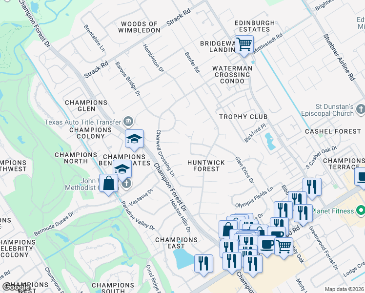 map of restaurants, bars, coffee shops, grocery stores, and more near 5610 Willow Walk Lane in Houston