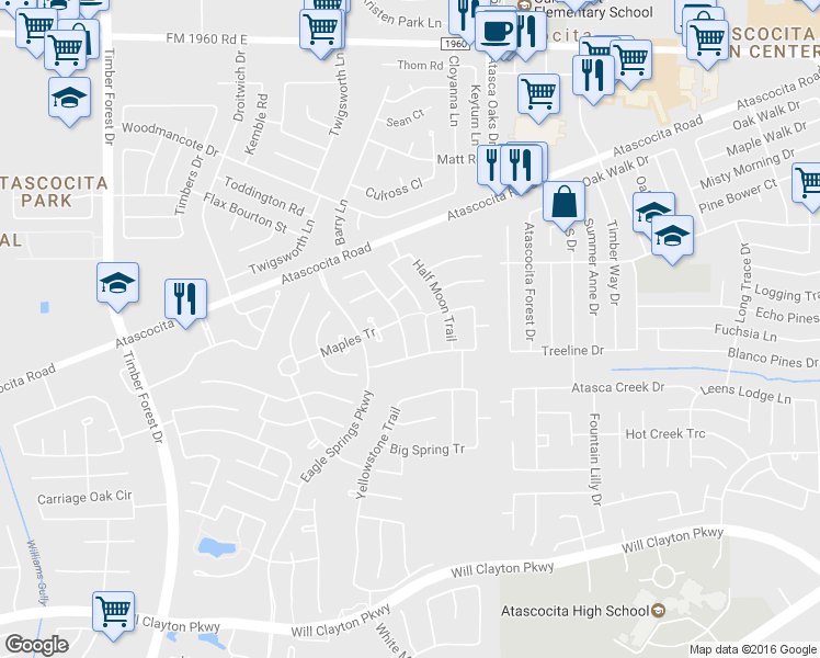 map of restaurants, bars, coffee shops, grocery stores, and more near 18422 Wolf Creek Trail in Humble