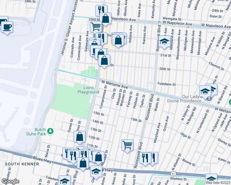 map of restaurants, bars, coffee shops, grocery stores, and more near 1716 Clay Street in Kenner