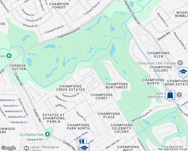 map of restaurants, bars, coffee shops, grocery stores, and more near 6612 Tournament Drive in Houston