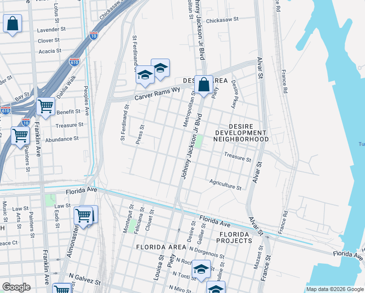 map of restaurants, bars, coffee shops, grocery stores, and more near 3126 Louisa Street in New Orleans