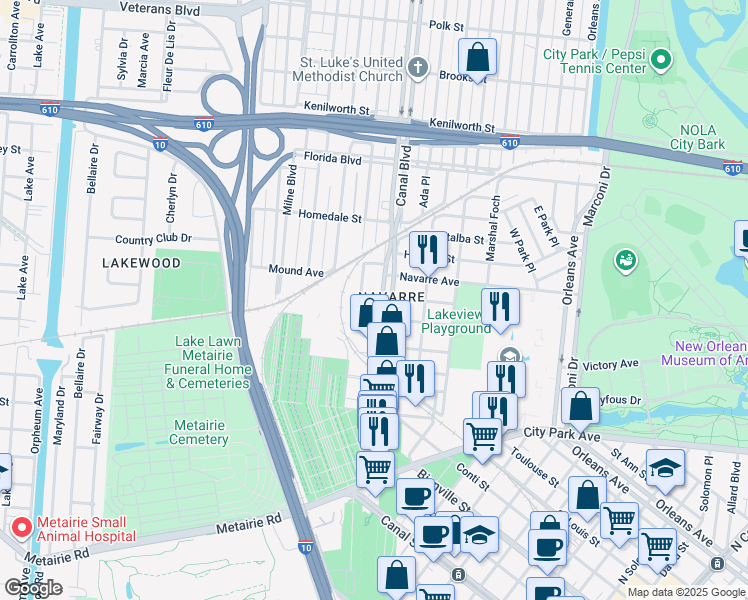 map of restaurants, bars, coffee shops, grocery stores, and more near 5490 Hawthorne Place in New Orleans