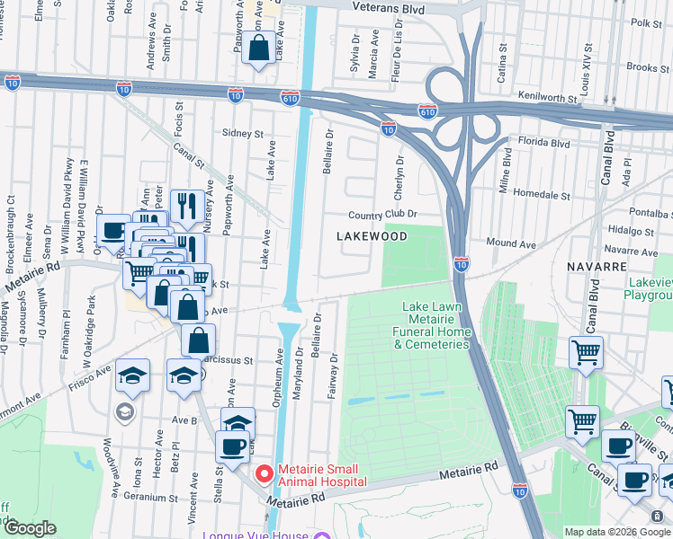map of restaurants, bars, coffee shops, grocery stores, and more near 5439 Dayna Court in New Orleans