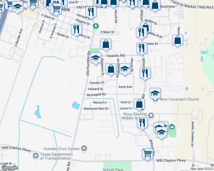 map of restaurants, bars, coffee shops, grocery stores, and more near 626 Ferguson Street in Humble