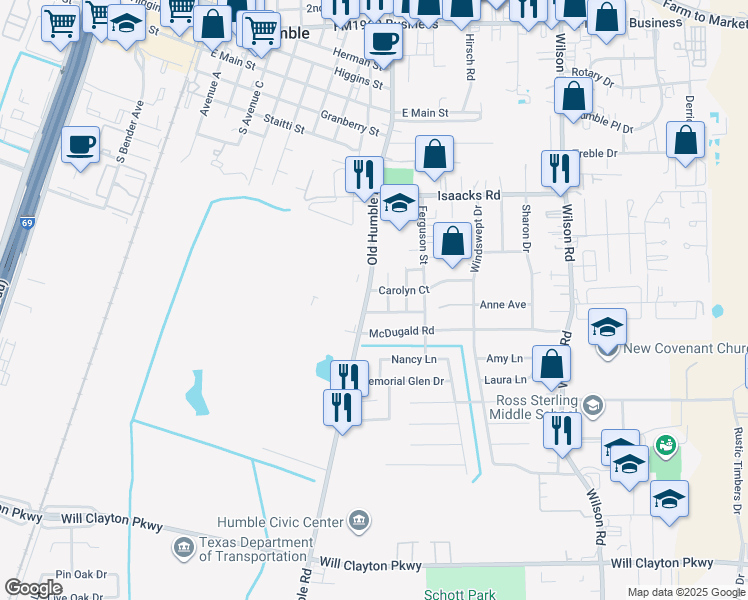map of restaurants, bars, coffee shops, grocery stores, and more near 615 Welch Street in Humble