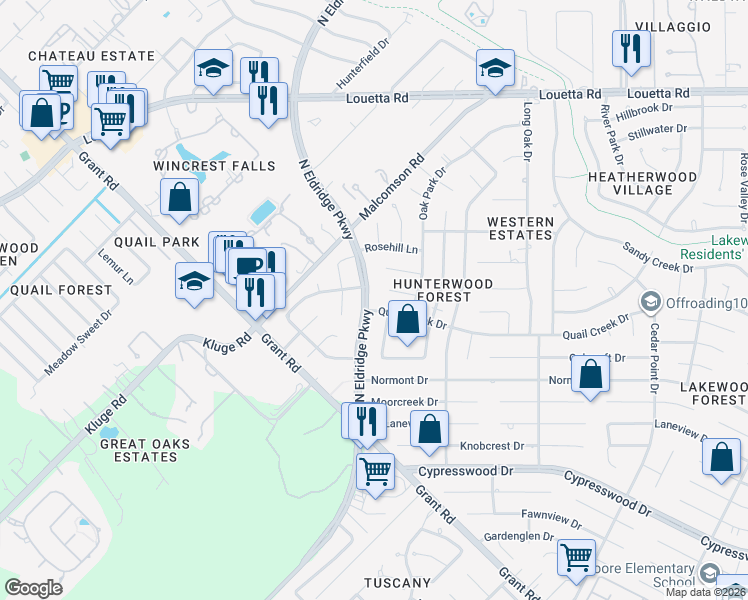 map of restaurants, bars, coffee shops, grocery stores, and more near 14722 North Eldridge Parkway in Houston