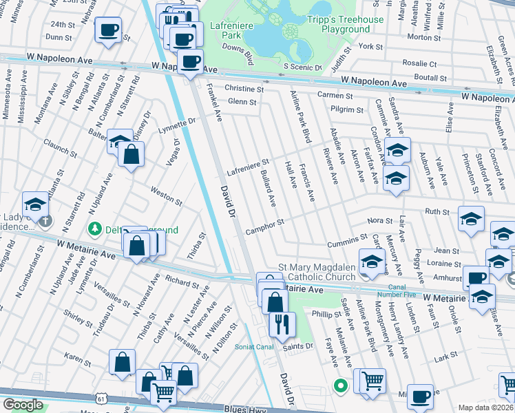 map of restaurants, bars, coffee shops, grocery stores, and more near 1513 Mason Smith Avenue in Metairie