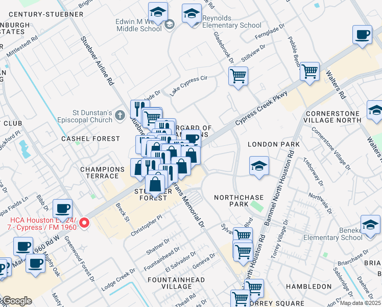 map of restaurants, bars, coffee shops, grocery stores, and more near 4232 Cypress Creek Parkway in Houston