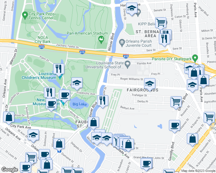 map of restaurants, bars, coffee shops, grocery stores, and more near 1910 Moss Street in New Orleans