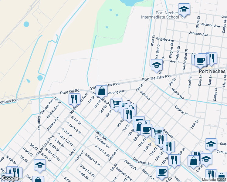 map of restaurants, bars, coffee shops, grocery stores, and more near 2206 Armstrong Avenue in Port Neches