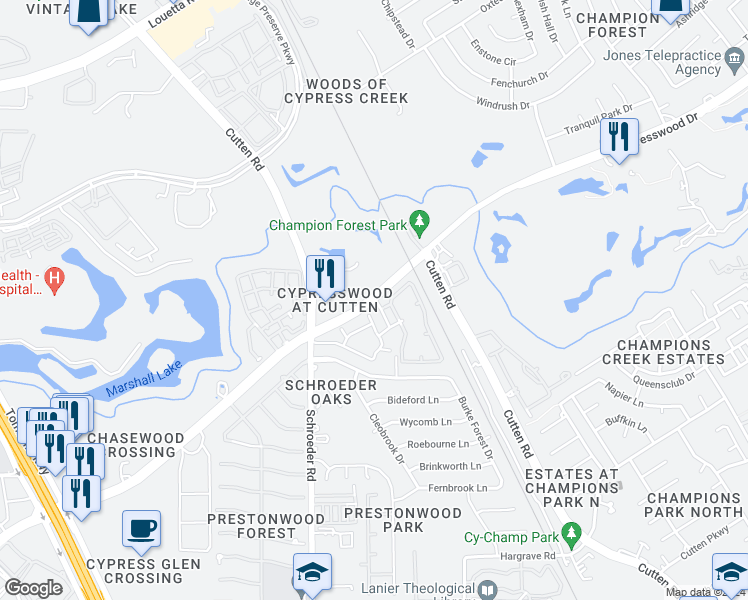 map of restaurants, bars, coffee shops, grocery stores, and more near 9730-9772 Cypresswood Drive in Houston