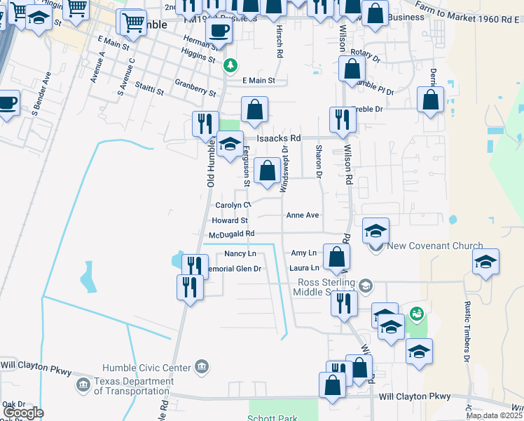 map of restaurants, bars, coffee shops, grocery stores, and more near 1316 Carolyn Court in Humble