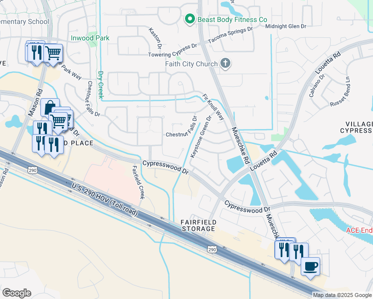 map of restaurants, bars, coffee shops, grocery stores, and more near 19711 Indian Cherry Forest Lane in Cypress