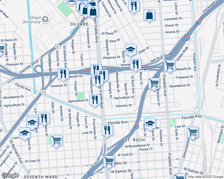 map of restaurants, bars, coffee shops, grocery stores, and more near 3023 Marigny Street in New Orleans
