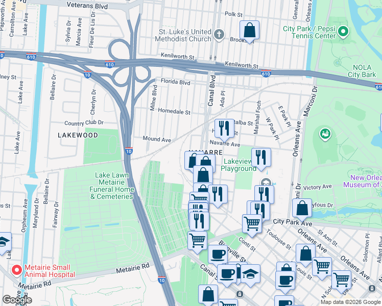 map of restaurants, bars, coffee shops, grocery stores, and more near 5490 Hawthorne Place in New Orleans