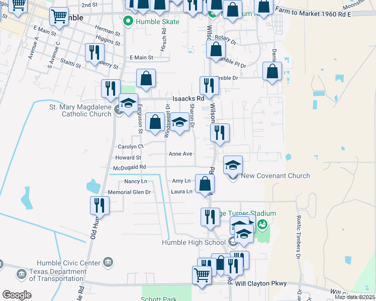 map of restaurants, bars, coffee shops, grocery stores, and more near 1505 Anne Avenue in Humble