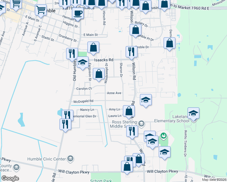 map of restaurants, bars, coffee shops, grocery stores, and more near 1411 Anne Avenue in Humble