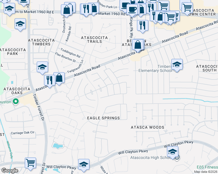 map of restaurants, bars, coffee shops, grocery stores, and more near 18502 Blanca Springs Court in Humble