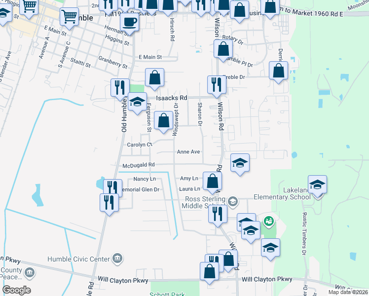 map of restaurants, bars, coffee shops, grocery stores, and more near 1411 Anne Avenue in Humble