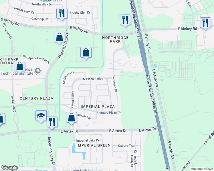 map of restaurants, bars, coffee shops, grocery stores, and more near 20530 Northbriar Drive in Houston