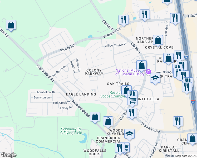 map of restaurants, bars, coffee shops, grocery stores, and more near 911 Sun Prairie Drive in Houston
