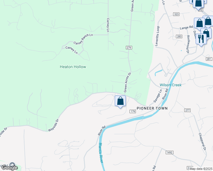 map of restaurants, bars, coffee shops, grocery stores, and more near 502 Wayside Drive in Wimberley