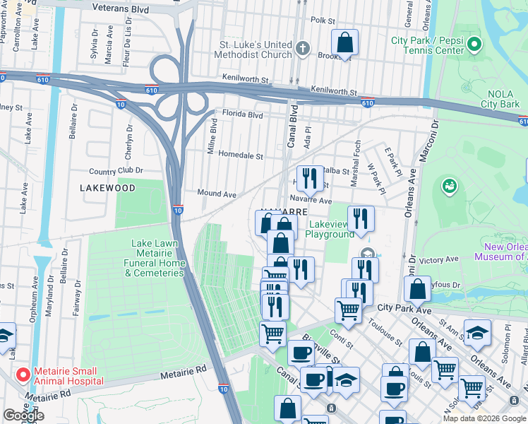 map of restaurants, bars, coffee shops, grocery stores, and more near 5490 Hawthorne Place in New Orleans