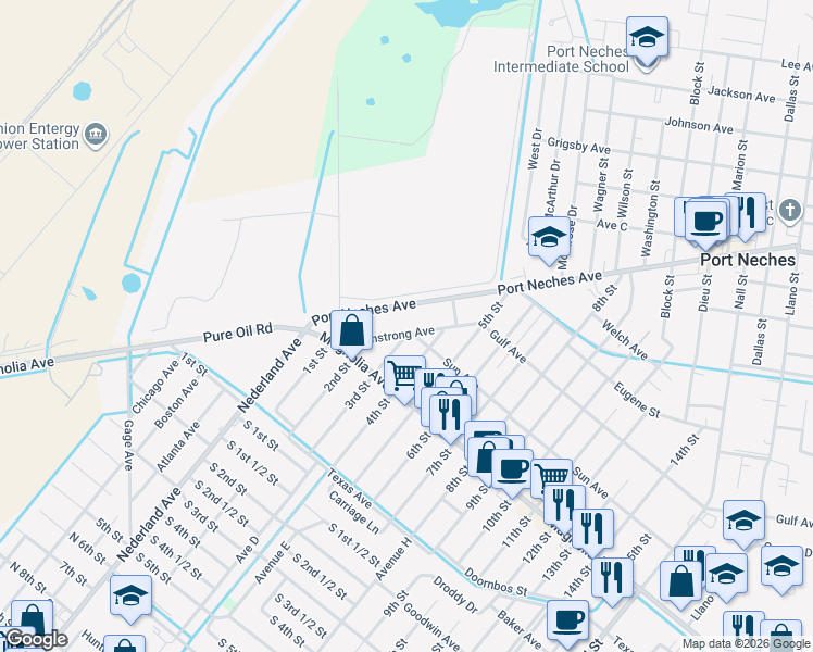 map of restaurants, bars, coffee shops, grocery stores, and more near 2146 Armstrong Avenue in Port Neches