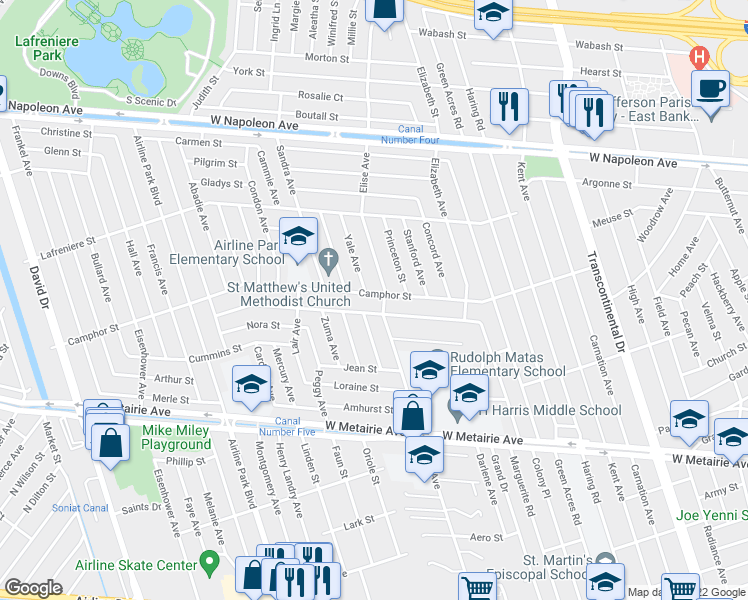 map of restaurants, bars, coffee shops, grocery stores, and more near 1601 Yale Avenue in Metairie