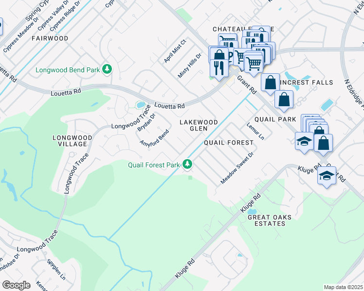 map of restaurants, bars, coffee shops, grocery stores, and more near 13110 Peach Meadow Drive in Cypress
