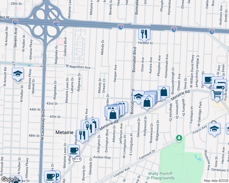 map of restaurants, bars, coffee shops, grocery stores, and more near 233 Hesper Avenue in Metairie