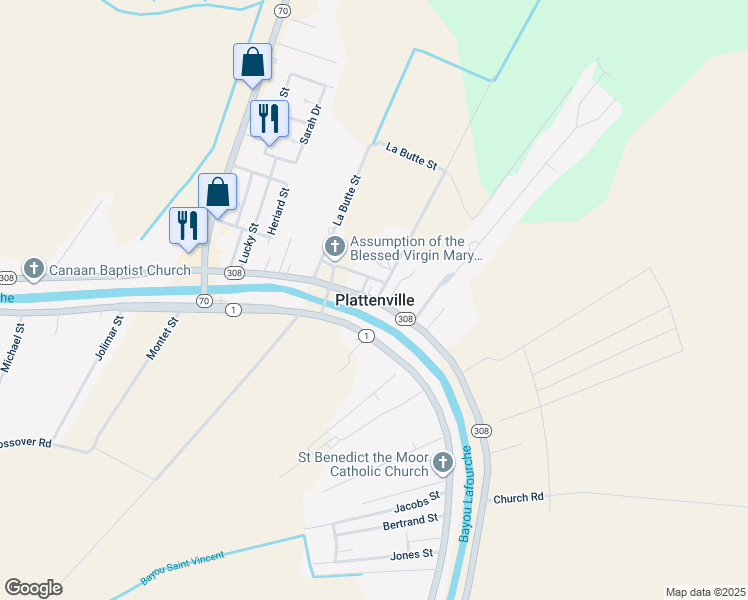 map of restaurants, bars, coffee shops, grocery stores, and more near Louisiana 308 in Plattenville