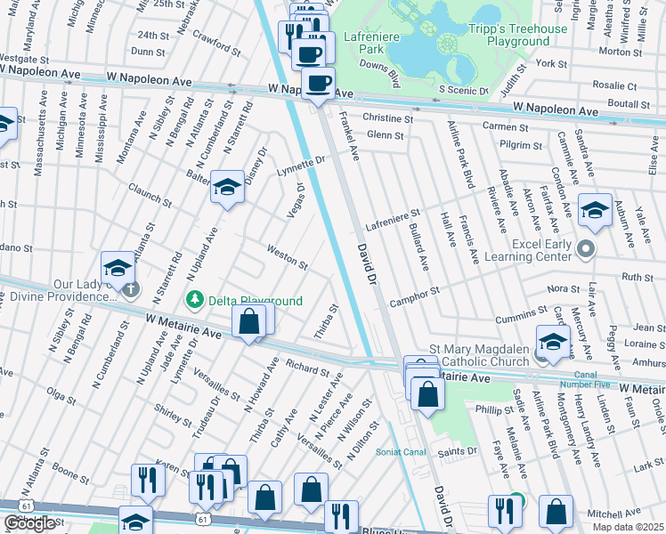 map of restaurants, bars, coffee shops, grocery stores, and more near 340 Tudor Lane in Metairie