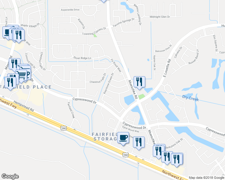 map of restaurants, bars, coffee shops, grocery stores, and more near 19626 Hardwood Ridge Tr in Cypress