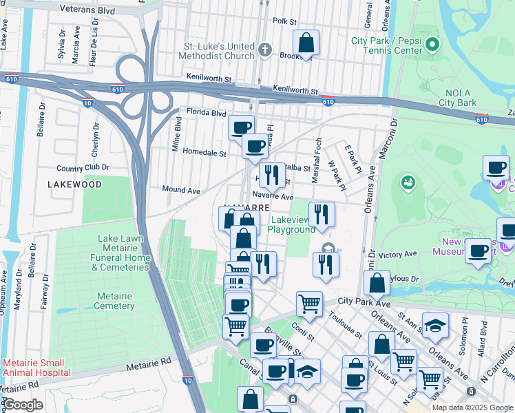 map of restaurants, bars, coffee shops, grocery stores, and more near 5495 Canal Boulevard in New Orleans