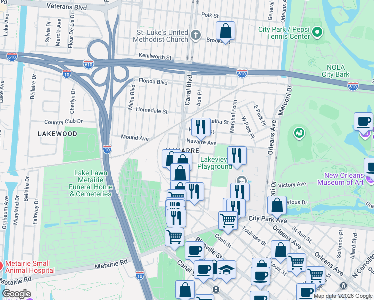 map of restaurants, bars, coffee shops, grocery stores, and more near 5489 Canal Boulevard in New Orleans
