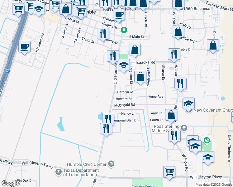map of restaurants, bars, coffee shops, grocery stores, and more near 615 Welch Street in Humble