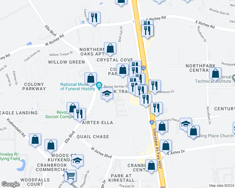 map of restaurants, bars, coffee shops, grocery stores, and more near in Harris County